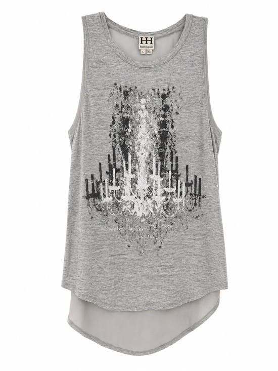 Haute Hippie Tops - Haute Hippie Gray Mixed Media Model Chandelier Graphic Tank Top Sz L
